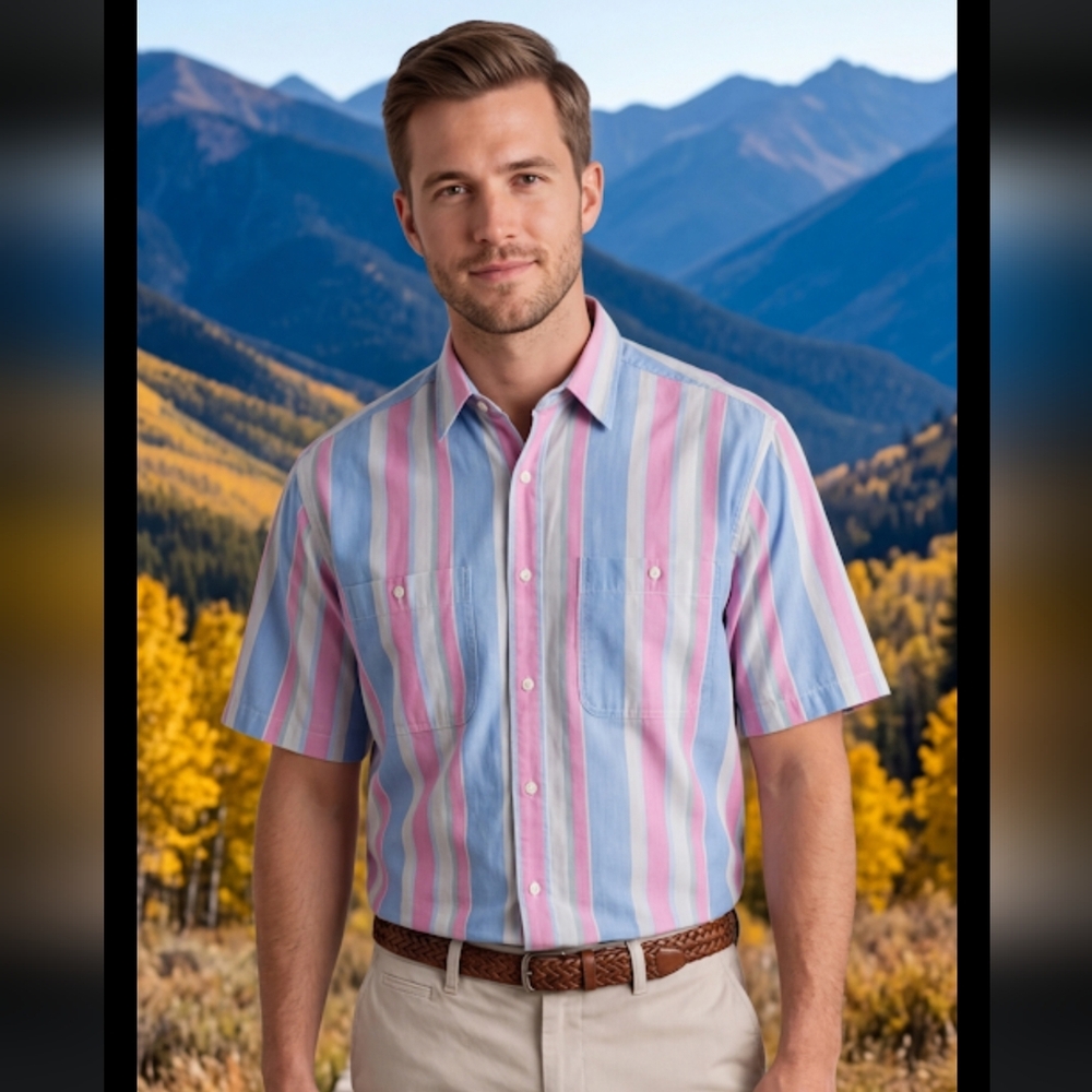 Field Gear Men's Shirt Size L Front Pockets Stripe Short Sleeve Cotton Button...